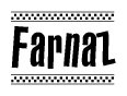 The clipart image displays the text Farnaz in a bold, stylized font. It is enclosed in a rectangular border with a checkerboard pattern running below and above the text, similar to a finish line in racing. 