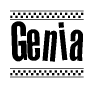 The image contains the text Genia in a bold, stylized font, with a checkered flag pattern bordering the top and bottom of the text.