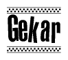 The image is a black and white clipart of the text Gekar in a bold, italicized font. The text is bordered by a dotted line on the top and bottom, and there are checkered flags positioned at both ends of the text, usually associated with racing or finishing lines.