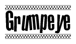 The image is a black and white clipart of the text Grumpeye in a bold, italicized font. The text is bordered by a dotted line on the top and bottom, and there are checkered flags positioned at both ends of the text, usually associated with racing or finishing lines.