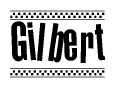 The clipart image displays the text Gilbert in a bold, stylized font. It is enclosed in a rectangular border with a checkerboard pattern running below and above the text, similar to a finish line in racing. 