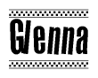 The clipart image displays the text Glenna in a bold, stylized font. It is enclosed in a rectangular border with a checkerboard pattern running below and above the text, similar to a finish line in racing. 