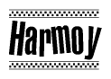 The image contains the text Harmoy in a bold, stylized font, with a checkered flag pattern bordering the top and bottom of the text.