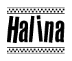 The image contains the text Halina in a bold, stylized font, with a checkered flag pattern bordering the top and bottom of the text.