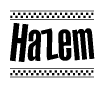 The image contains the text Hazem in a bold, stylized font, with a checkered flag pattern bordering the top and bottom of the text.