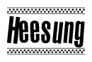 The image is a black and white clipart of the text Heesung in a bold, italicized font. The text is bordered by a dotted line on the top and bottom, and there are checkered flags positioned at both ends of the text, usually associated with racing or finishing lines.