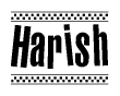 The image contains the text Harish in a bold, stylized font, with a checkered flag pattern bordering the top and bottom of the text.