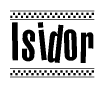 The image contains the text Isidor in a bold, stylized font, with a checkered flag pattern bordering the top and bottom of the text.
