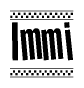 The clipart image displays the text Immi in a bold, stylized font. It is enclosed in a rectangular border with a checkerboard pattern running below and above the text, similar to a finish line in racing. 
