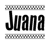 The clipart image displays the text Juana in a bold, stylized font. It is enclosed in a rectangular border with a checkerboard pattern running below and above the text, similar to a finish line in racing. 
