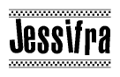 The image contains the text Jessifra in a bold, stylized font, with a checkered flag pattern bordering the top and bottom of the text.
