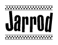 The image contains the text Jarrod in a bold, stylized font, with a checkered flag pattern bordering the top and bottom of the text.