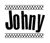 The image is a black and white clipart of the text Johny in a bold, italicized font. The text is bordered by a dotted line on the top and bottom, and there are checkered flags positioned at both ends of the text, usually associated with racing or finishing lines.