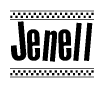The image is a black and white clipart of the text Jenell in a bold, italicized font. The text is bordered by a dotted line on the top and bottom, and there are checkered flags positioned at both ends of the text, usually associated with racing or finishing lines.