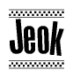 The image contains the text Jeok in a bold, stylized font, with a checkered flag pattern bordering the top and bottom of the text.