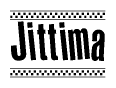 The image is a black and white clipart of the text Jittima in a bold, italicized font. The text is bordered by a dotted line on the top and bottom, and there are checkered flags positioned at both ends of the text, usually associated with racing or finishing lines.