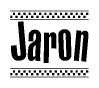 The clipart image displays the text Jaron in a bold, stylized font. It is enclosed in a rectangular border with a checkerboard pattern running below and above the text, similar to a finish line in racing. 