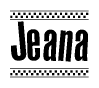 The image contains the text Jeana in a bold, stylized font, with a checkered flag pattern bordering the top and bottom of the text.