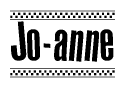 The clipart image displays the text Jo-anne in a bold, stylized font. It is enclosed in a rectangular border with a checkerboard pattern running below and above the text, similar to a finish line in racing. 