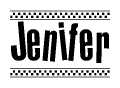 The image contains the text Jenifer in a bold, stylized font, with a checkered flag pattern bordering the top and bottom of the text.