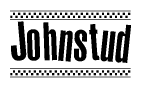 The image is a black and white clipart of the text Johnstud in a bold, italicized font. The text is bordered by a dotted line on the top and bottom, and there are checkered flags positioned at both ends of the text, usually associated with racing or finishing lines.