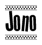   The clipart image displays the text Jono in a bold, stylized font. It is enclosed in a rectangular border with a checkerboard pattern running below and above the text, similar to a finish line in racing.  