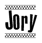 The image contains the text Jory in a bold, stylized font, with a checkered flag pattern bordering the top and bottom of the text.