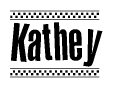 The clipart image displays the text Kathey in a bold, stylized font. It is enclosed in a rectangular border with a checkerboard pattern running below and above the text, similar to a finish line in racing. 