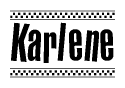 The clipart image displays the text Karlene in a bold, stylized font. It is enclosed in a rectangular border with a checkerboard pattern running below and above the text, similar to a finish line in racing. 