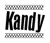 The image contains the text Kandy in a bold, stylized font, with a checkered flag pattern bordering the top and bottom of the text.