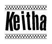 The image is a black and white clipart of the text Keitha in a bold, italicized font. The text is bordered by a dotted line on the top and bottom, and there are checkered flags positioned at both ends of the text, usually associated with racing or finishing lines.