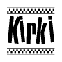 The image contains the text Kirki in a bold, stylized font, with a checkered flag pattern bordering the top and bottom of the text.