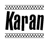 The image contains the text Karan in a bold, stylized font, with a checkered flag pattern bordering the top and bottom of the text.