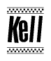 The image contains the text Kell in a bold, stylized font, with a checkered flag pattern bordering the top and bottom of the text.