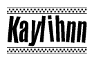 The image is a black and white clipart of the text Kaylihnn in a bold, italicized font. The text is bordered by a dotted line on the top and bottom, and there are checkered flags positioned at both ends of the text, usually associated with racing or finishing lines.