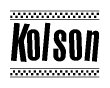 The image contains the text Kolson in a bold, stylized font, with a checkered flag pattern bordering the top and bottom of the text.