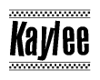 The image is a black and white clipart of the text Kaylee in a bold, italicized font. The text is bordered by a dotted line on the top and bottom, and there are checkered flags positioned at both ends of the text, usually associated with racing or finishing lines.