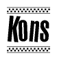 The image contains the text Kons in a bold, stylized font, with a checkered flag pattern bordering the top and bottom of the text.