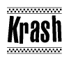 The image is a black and white clipart of the text Krash in a bold, italicized font. The text is bordered by a dotted line on the top and bottom, and there are checkered flags positioned at both ends of the text, usually associated with racing or finishing lines.