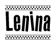 The image is a black and white clipart of the text Lenina in a bold, italicized font. The text is bordered by a dotted line on the top and bottom, and there are checkered flags positioned at both ends of the text, usually associated with racing or finishing lines.