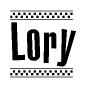 The image is a black and white clipart of the text Lory in a bold, italicized font. The text is bordered by a dotted line on the top and bottom, and there are checkered flags positioned at both ends of the text, usually associated with racing or finishing lines.
