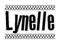 The image is a black and white clipart of the text Lynelle in a bold, italicized font. The text is bordered by a dotted line on the top and bottom, and there are checkered flags positioned at both ends of the text, usually associated with racing or finishing lines.