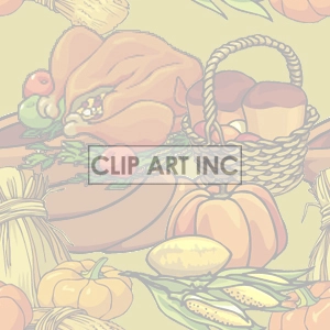 A clipart image featuring a Thanksgiving feast with items such as a roasted turkey, corn, pumpkins, a basket of bread, and various vegetables.