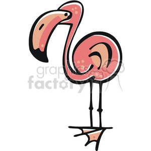 The clipart image shows a pink flamingo standing on both legs, with its wings closed and its beak pointed downwards.
