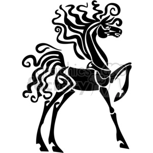 A stylized black silhouette clipart of a horse with intricate, flowing details in its mane and tail.