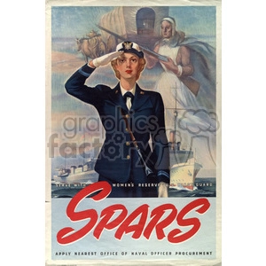 A vintage poster featuring a woman in Naval uniform saluting, promoting SPARS, the Women's Reserve of the U.S. Coast Guard. A ship and a nurse are depicted in the background.