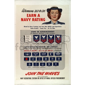 Vintage recruitment poster for women aged 20 to 36 to join the U.S. Navy and earn a rating through training and experience. The poster emphasizes equal pay and grades as men, showing steps in advancement and specialty marks worn by WAVES.