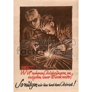 A poster featuring an older man instructing a younger man on welding, with German text emphasizing the importance of passing on knowledge and benefiting the workplace.