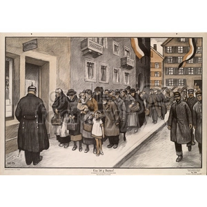 This clipart image depicts a historical scene with people standing in a long line outside of a building, possibly a store or distribution center. Many individuals are carrying baskets and appear to be waiting for their turn to receive goods, as soldiers and officers monitor the situation. The setting looks like a European urban environment during an earlier time period.