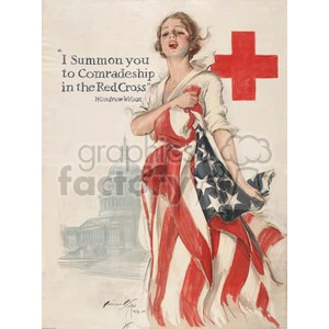 Vintage Red Cross recruitment poster featuring a woman wrapped in the American flag, with the U.S. Capitol building in the background and a large red cross symbol. The text reads 'I Summon you to Comradeship in the Red Cross' attributed to Woodrow Wilson.
